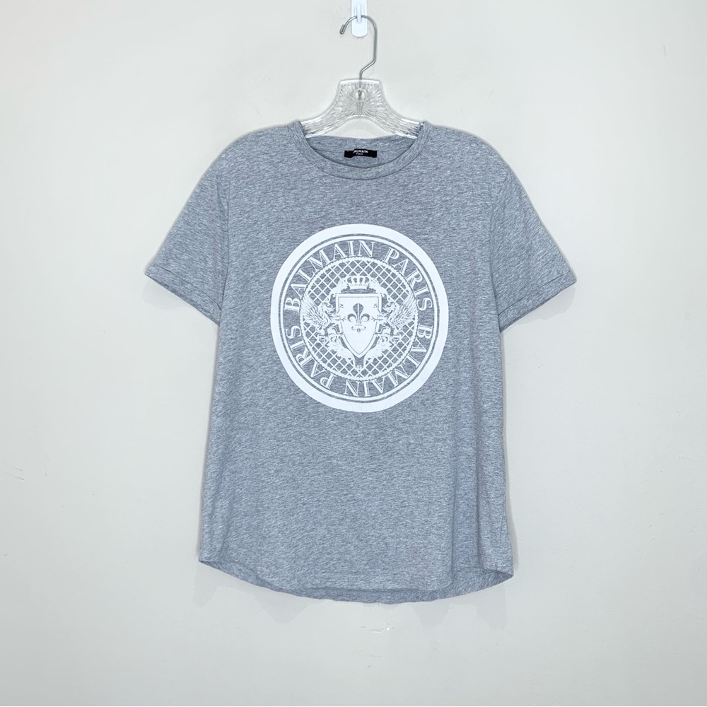 Balmain Flocked Coin Medallion Logo T-Shirt (Sz XL) Short Sleeve Tee Grey - Picture 2 of 16